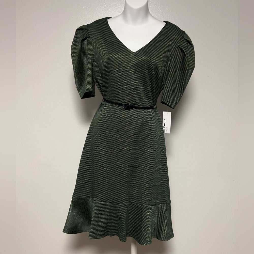 Enfocus Studios Women's Dress Gold Green Size 10 Short Sleeve W/ Belt New